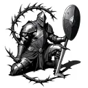 Crusader knight kneeling with shield and sword with thorns wrapping around the knight and circling around him tattoo design idea
