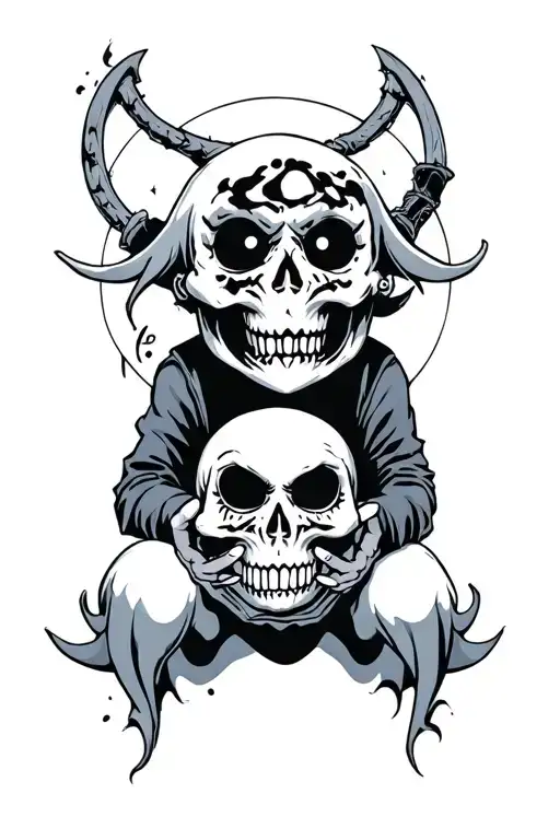 japanese yokai soul eater ghost holding a skull face tattoo design idea