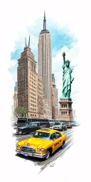 new york inspired tattoo design incorporating yellow taxi, Empire State Building, Statue of Liberty, 5th avenue tattoo design idea