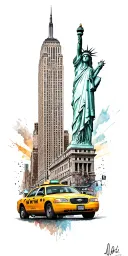 new york inspired tattoo design incorporating yellow taxi, Empire State Building, Statue of Liberty, 5th avenue tattoo design idea
