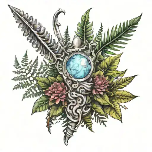 ferns, dagger, and Moonstone  tattoo design idea