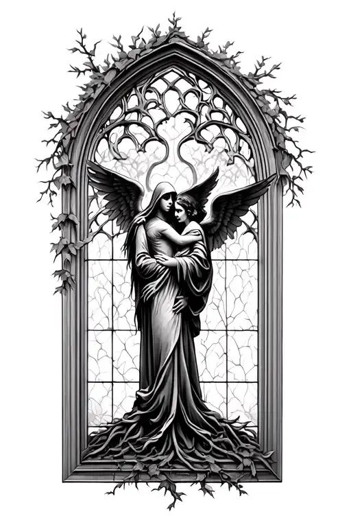 gothic cathedral window view of a family tree and vines and grim reaper embracing angel  tattoo design idea