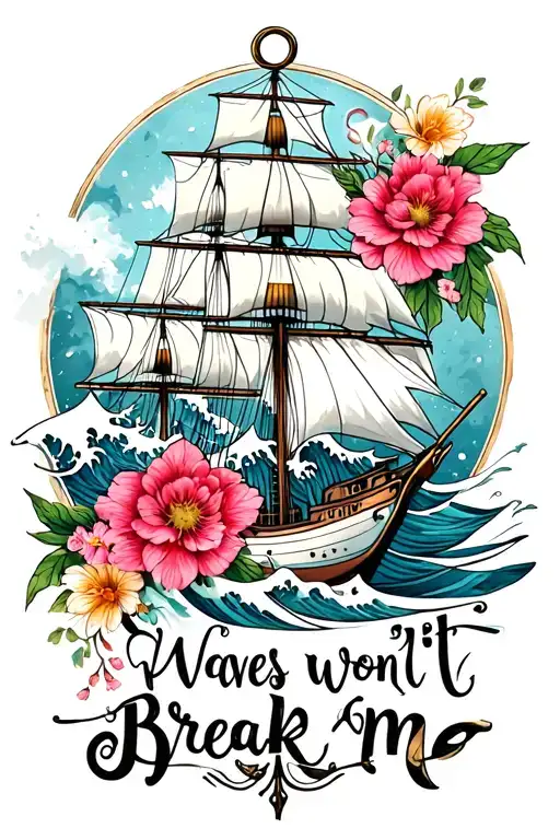 waves, ship, anchor, flowers, wine, "waves won't break me" Mother tattoo design idea