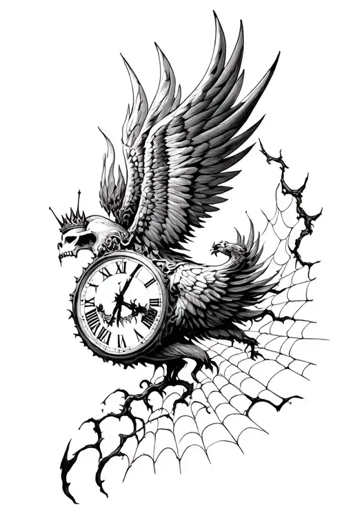 Phoenix clock skull with crown fire angel winds spiders climbing cobwebs fighters it has to be broken down into several. tattoo design idea