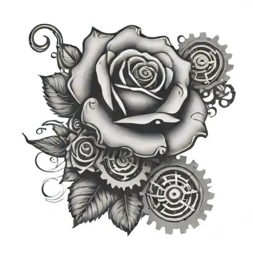word Mely finishing with a rose with cogwheels around with japanese style tattoo design idea
