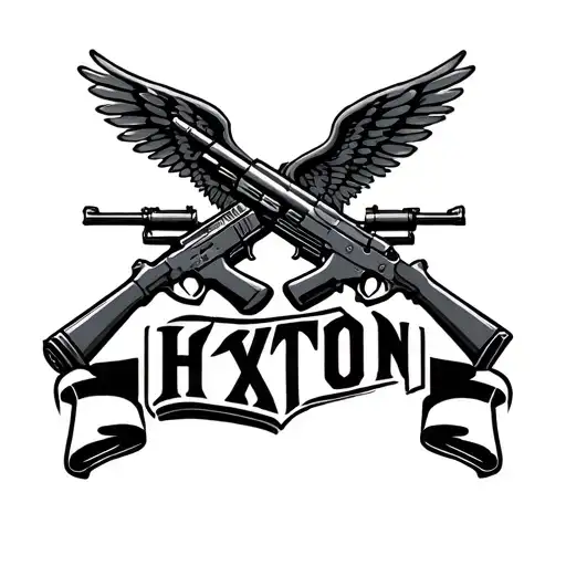 name written - huxton in bold going straightwith 2 cupids,one at end end on the name,with machine gun and ak47 one each tattoo design idea