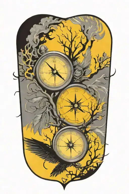 a representation of child being protected through his journey in life using trees, compass, phoenix and time tattoo design idea