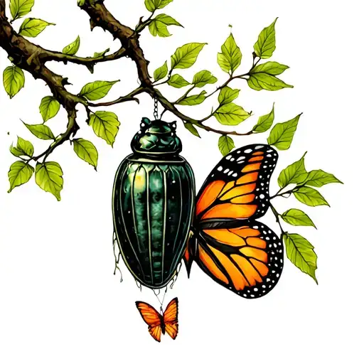 chrysalis hanging from a tree branch with an emerging butterfly tattoo design idea