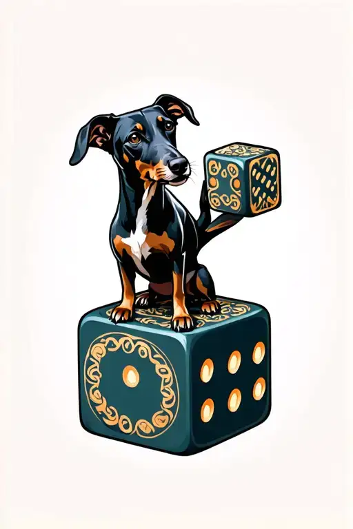 black greyhound standing on large dice with one paw on each die tattoo design idea