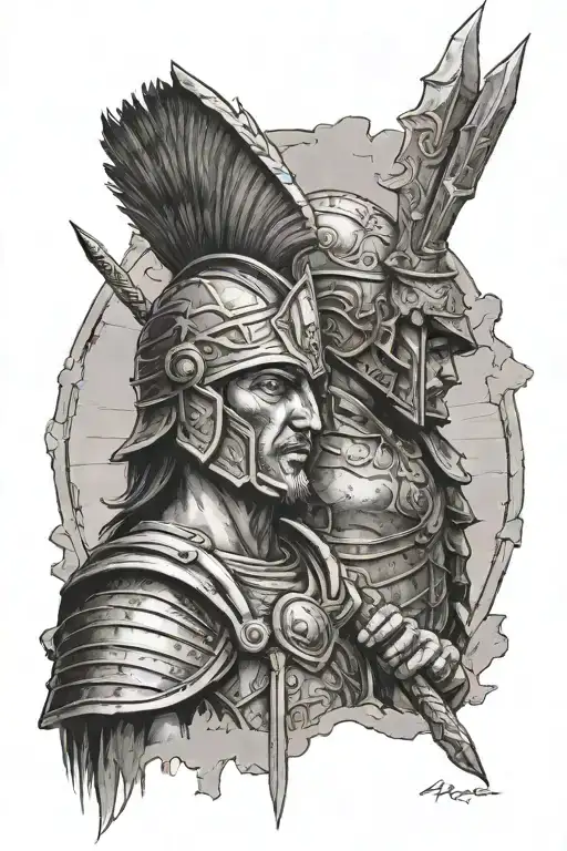 Forearm tattoo with a Sardinian nuraghe above a cliff and the face of a Roman warrior below tattoo design idea