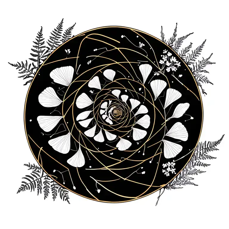 Ginkgo leaves forming a spiral around a golden ratio circle, with delicate wildflowers and fern details tattoo design idea