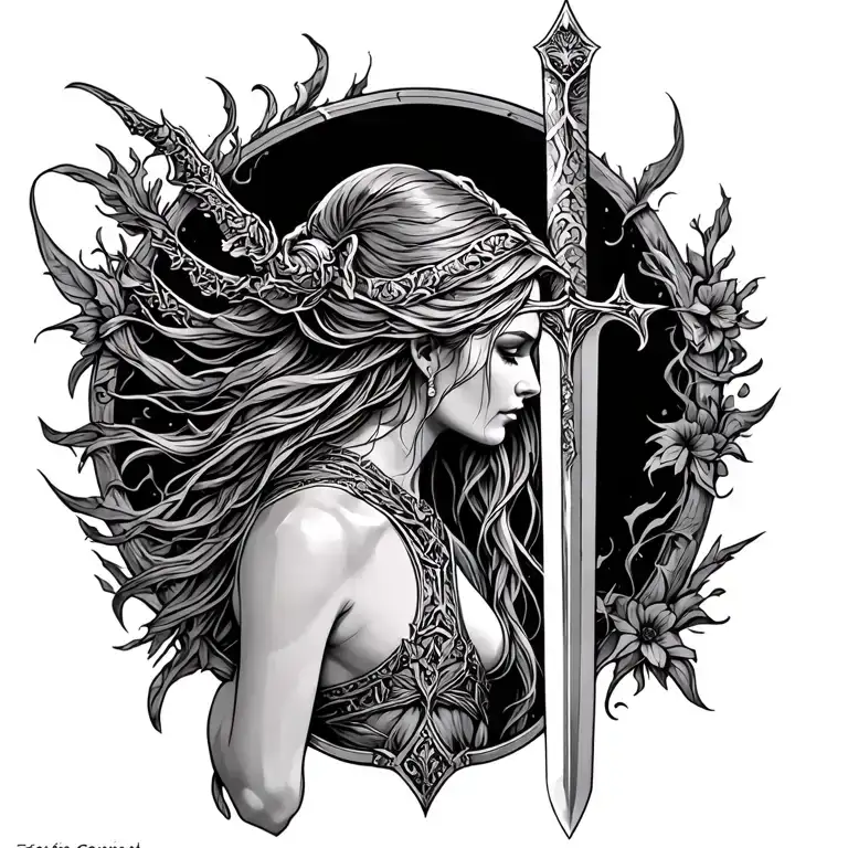 Freya Goddess Sword Back Tattoo tattoo design idea