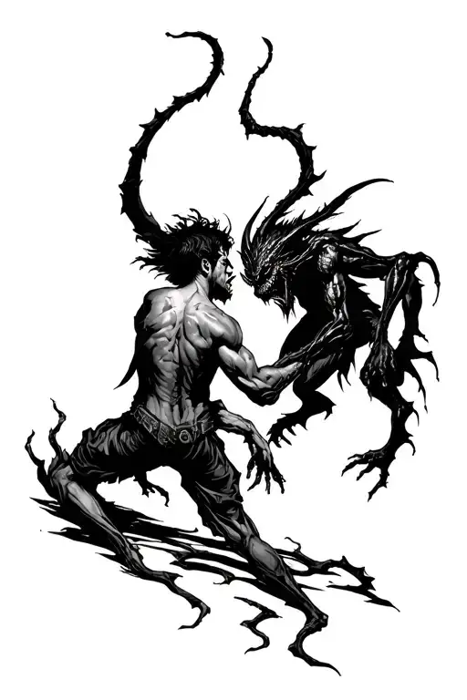 man facing off against demon in the dark tattoo design idea