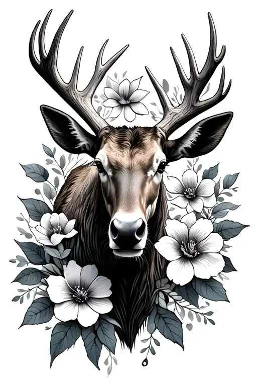 moose antler and flowers intertwined tattoo design idea