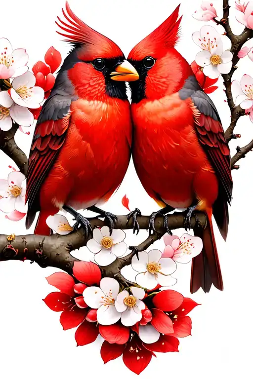 Tattoo design of two cardinals perched on a single akebono cherry blossom branch, facing each other in an intimate pose tattoo design idea