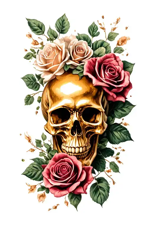 gold skull and roses tattoo with a french feel tattoo design idea