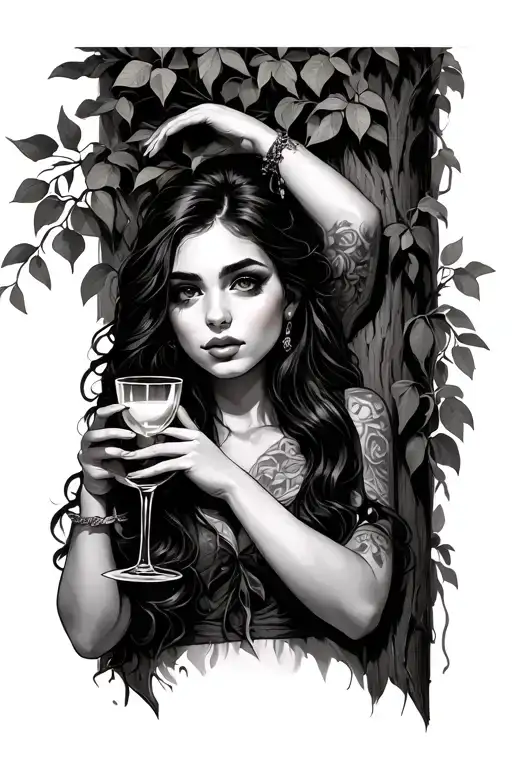 A beautiful girl with a wine cup in hand leaning to the wall or tree tattoo design idea