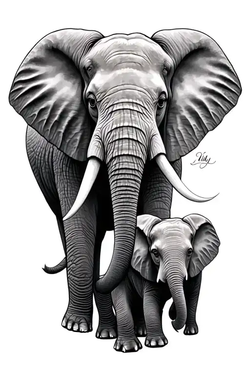 mom and baby elephant head tattoo design idea
