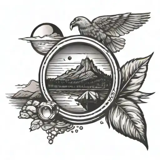 A DSLR camera lens reflecting a landscape of Acadia National Park with a mountain and rocky coastline, a campsite with tent and fire, the North Star for your wife, two birds in flight for your children, and a hidden semicolon for mental health tattoo design idea