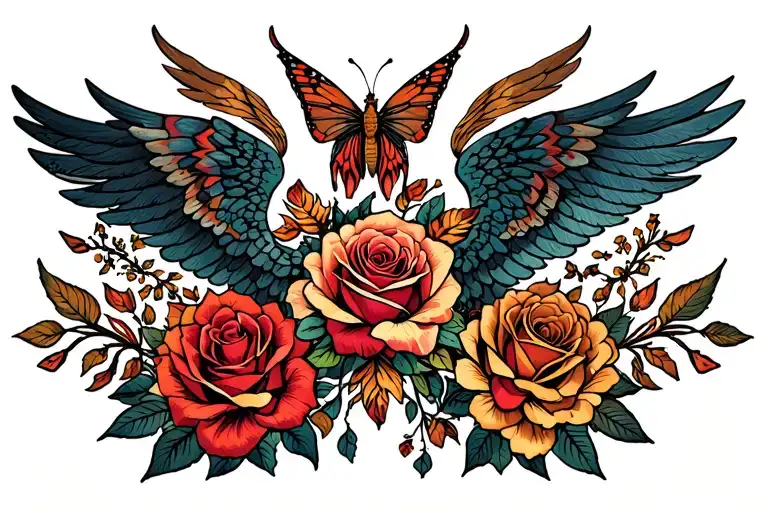 Rose, butterfly, angel, phoenix with details tattoo design idea