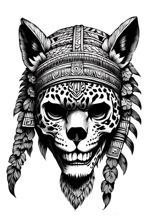 mayan themed human skull wearing a jaguar head dress tattoo design idea