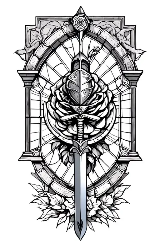 strength courage faith , god warrior with helmet sword shield rose window on armor  tattoo design idea