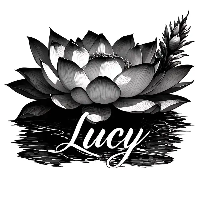 lotus flower with lucy name written tattoo design idea