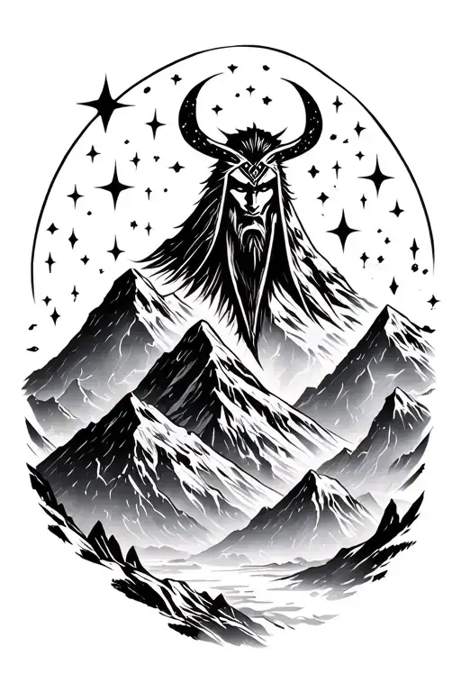 loki god, mountain landscape, stars representing tattoo design idea