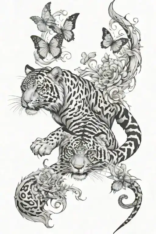Create vertical leg sleeve design in black and white, with cheetah, a tiger, butterflies, a dragon wrapped around and fl tattoo design idea