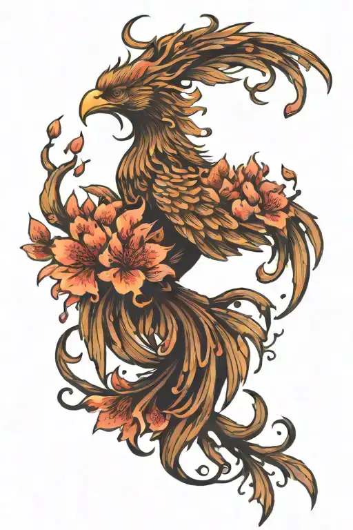 Phoenix rising from flames and cherry blossoms tattoo design idea