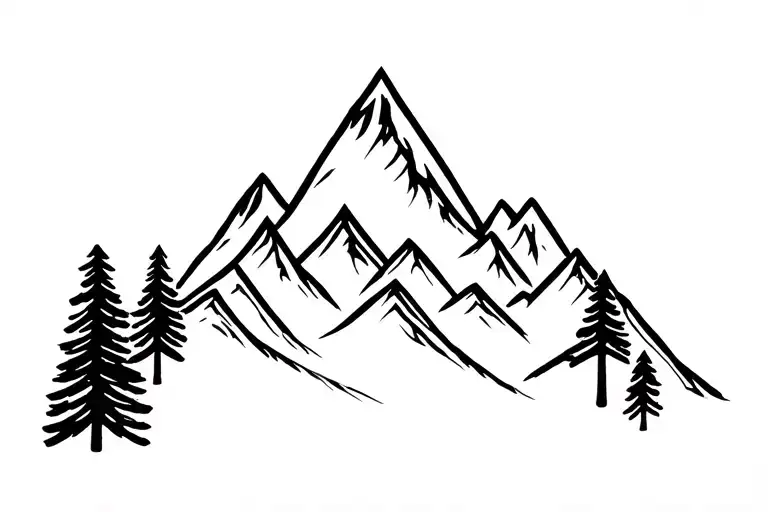two mountains signifying parents and three pine trees representing children. very minimal tattoo design idea