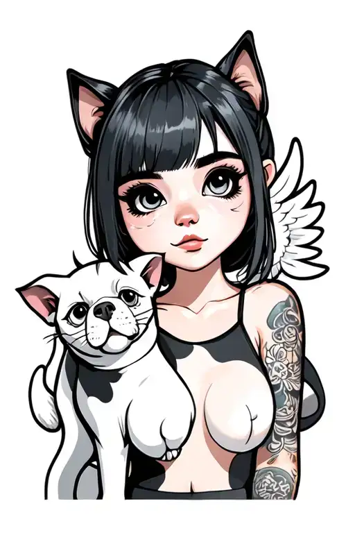 cartoon girl with big eyes and winged eyeliner and lashes with a white kitten on shoulder and boxer dog to the right  tattoo design idea