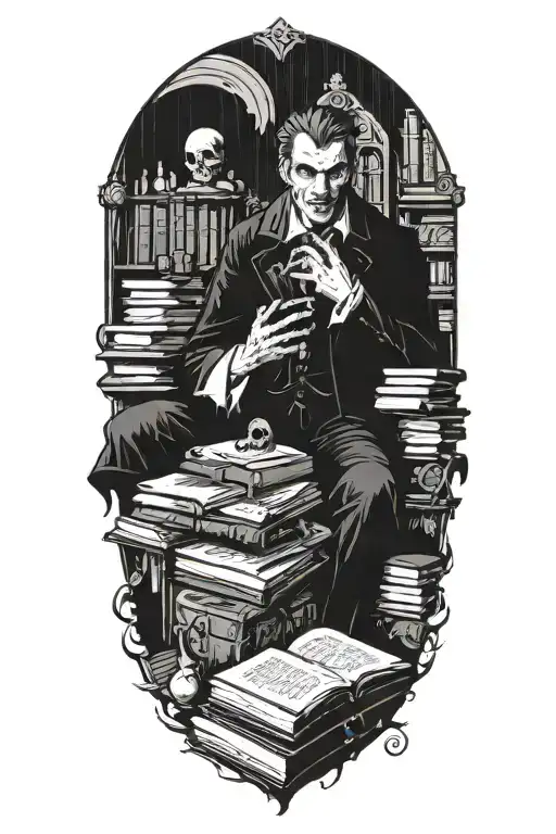 A vampire sitting amongst a pile of corpses and books. Occultism, tortured souls tattoo design idea
