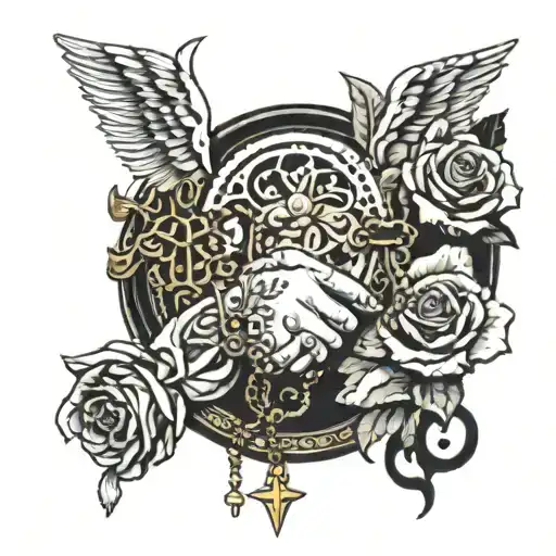 hand pray with a gold rosary, gold roses, a gold angel halo, and a scroll  tattoo design idea