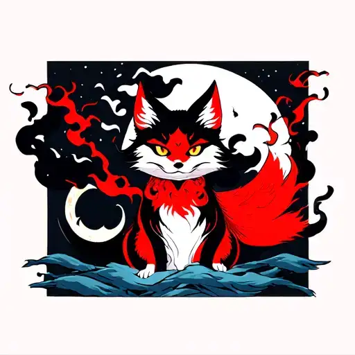 Kitsune, hunts, a dangerous look, everywhere smoke, in the background the moon is a crescent. The colors are only red and black tattoo design idea