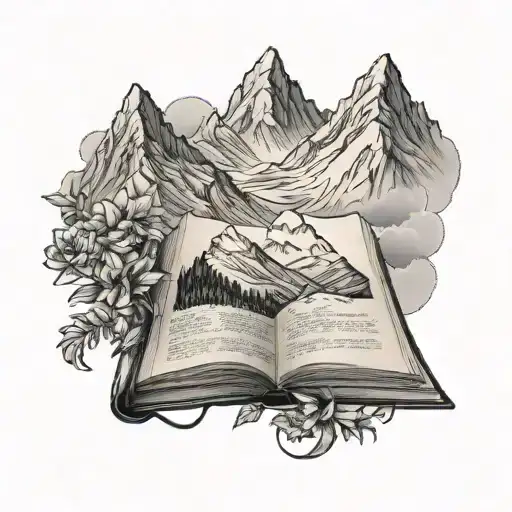 An intricate design of a book with mountain illustrations on the pages, representing the client's passion for education and mountains tattoo design idea