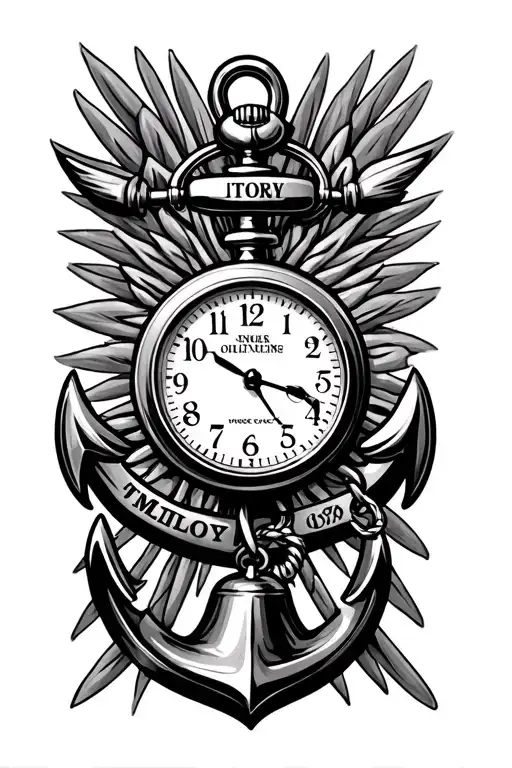 navy anchor with a pocket watch in the center, a small bell hanging fom the bottom of the anchor, MILITARY dog tags hang tattoo design idea
