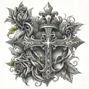 cross with thorned crown around it with rosary beads coming off it tattoo design idea