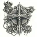 cross with thorned crown around it with rosary beads coming off it tattoo design idea