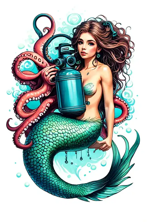 Mermaid And Octopus holding scuba tank designed tattoo design idea