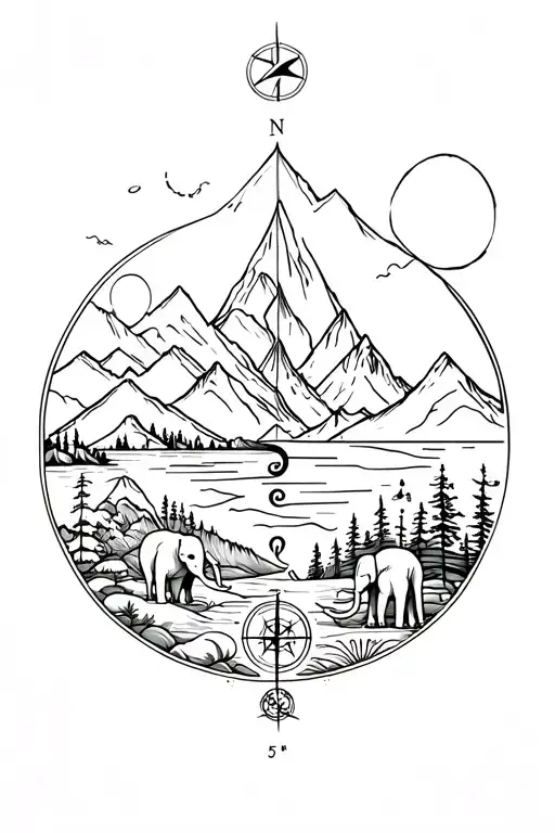 half sleeve tattoo featuring landscapes, mountains, elephants and compass tattoo design idea