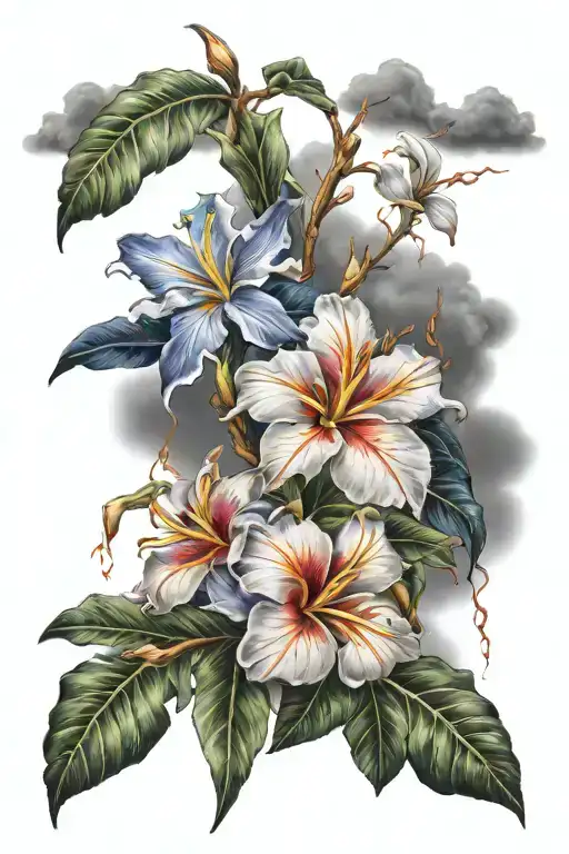 Hawaiian flowers with lightning storm clouds tattoo design idea