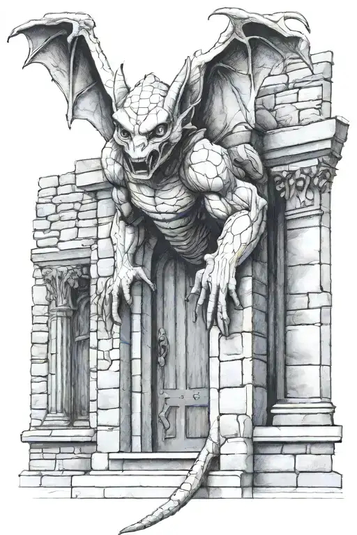 gargoyle and brick doorway open tattoo design idea