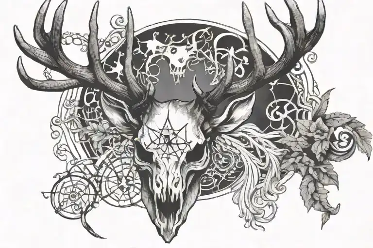 male stag's head with large antlers skull and pentacle tattoo design idea