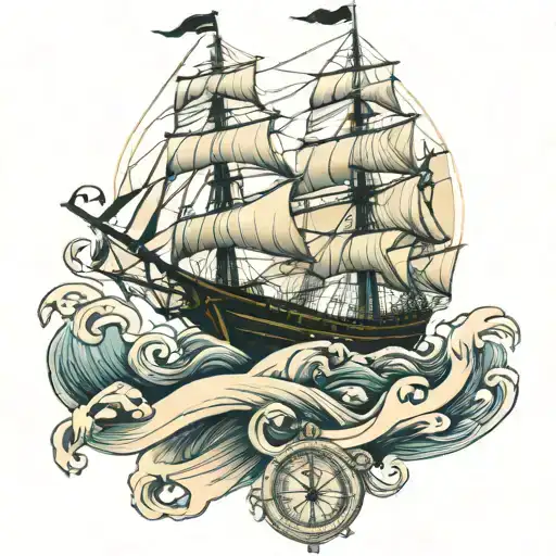 A three masted barque with waves and anchor and compass tattoo design idea