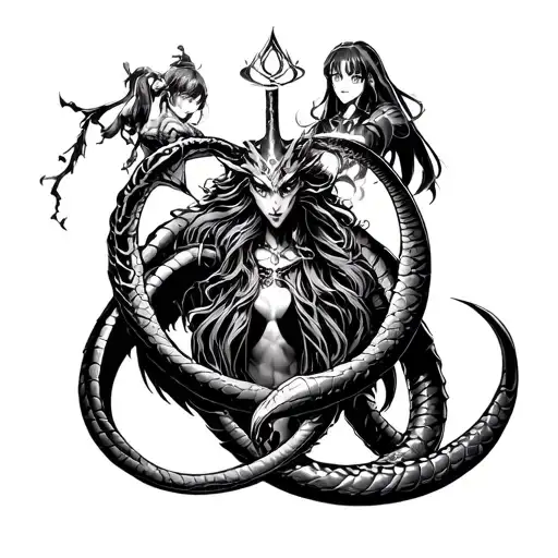Ouroboros with the Magician of Final Fantasy and characters from Chihiro's trip tattoo design idea
