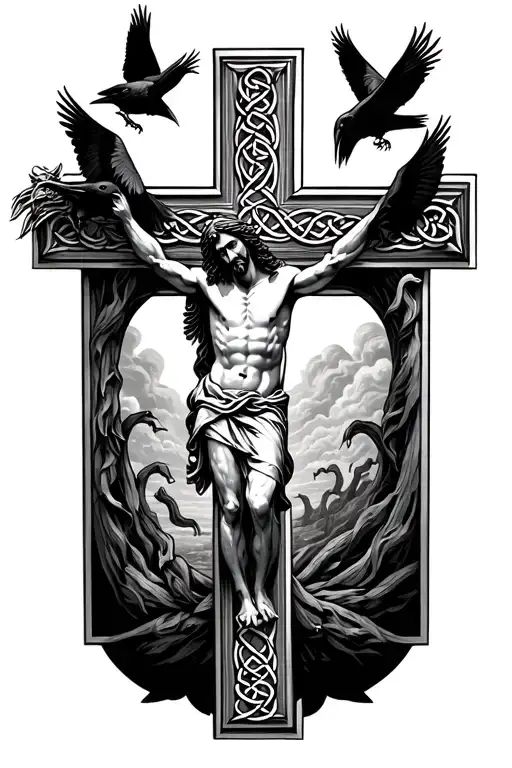 jesus on celtic cross with crows perched and flying with claws no background tattoo design idea