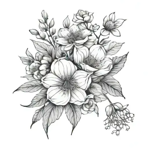 November And March and June birthflower bouquet tattoo design idea