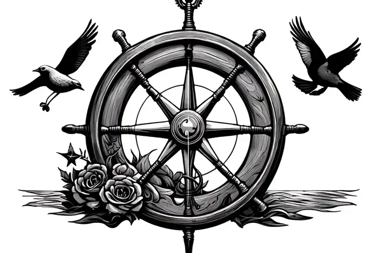 anchor music guitar ship sea sails horse mane steering wheel chariot wheel North Star compass rose birds tattoo design idea