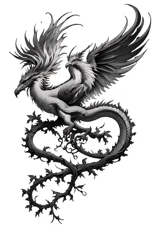 phoenix and dragon intertwined in a vine fine line tattoo  tattoo design idea